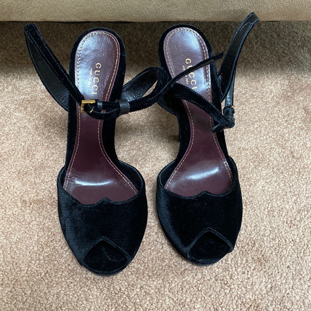 Gucci Black Suede Peep Toe Heels